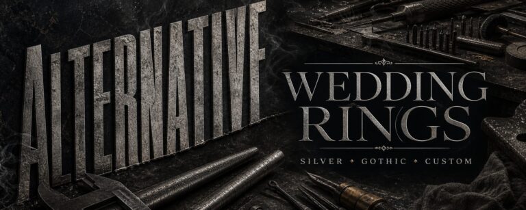 Alternative wedding rings for men blog featured image with MENSSKULL workshop tools and split editorial typography