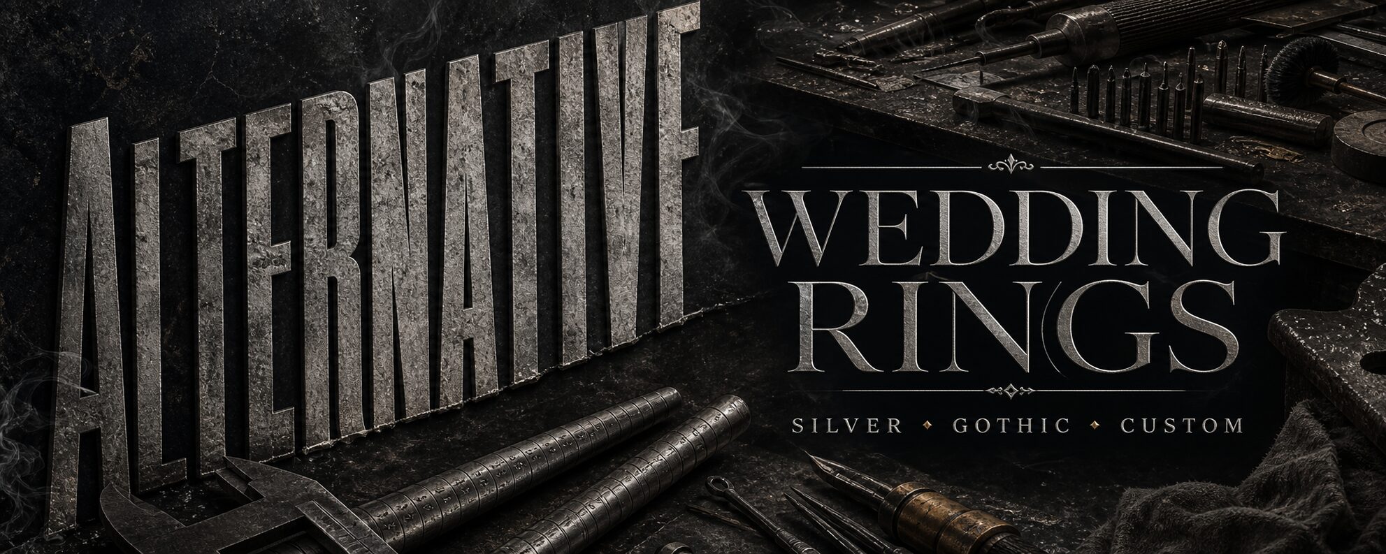 Alternative wedding rings for men blog featured image with MENSSKULL workshop tools and split editorial typography