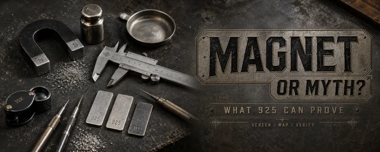Is sterling silver magnetic guide with testing magnet, silver samples, and metalsmith tools