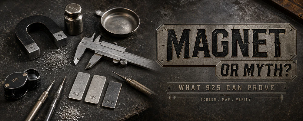 Is sterling silver magnetic guide with testing magnet, silver samples, and metalsmith tools