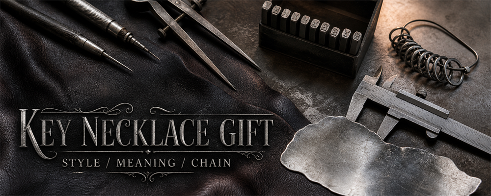 Key necklace gift guide with gravers, dividers, letter punches, chain gauge and raw silver sheet on a dark pendant workshop bench