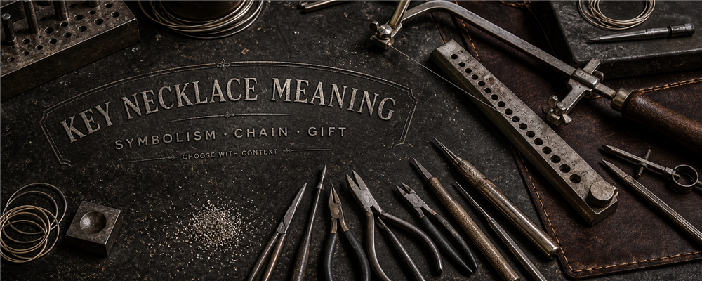 Key necklace meaning guide with chain-making saw, drawplate, pliers and engraving tools on a dark silver workshop bench