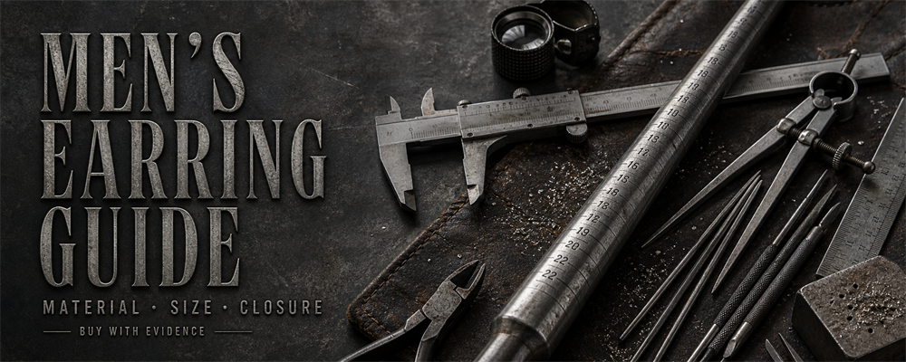 Men's earring buying guide with calipers, mandrel and jeweler's tools on a dark silver workshop bench