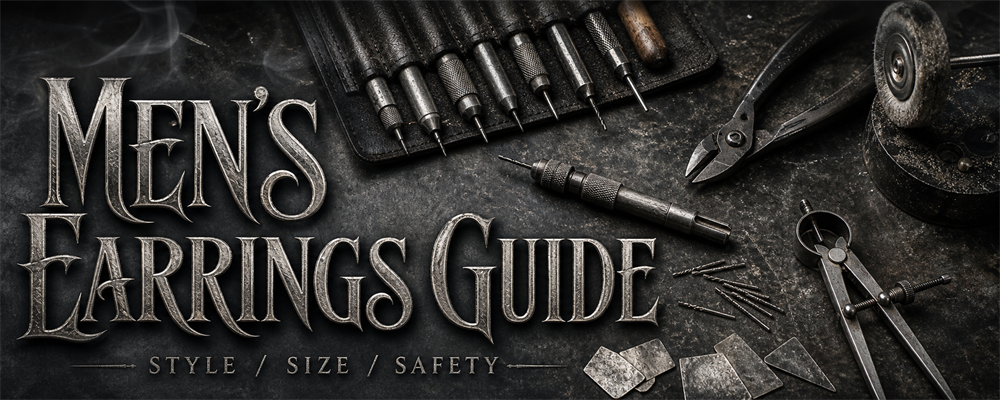 Men’s earrings guide with gravers, pin vise, cutters and polishing tools on a dark silver workshop bench