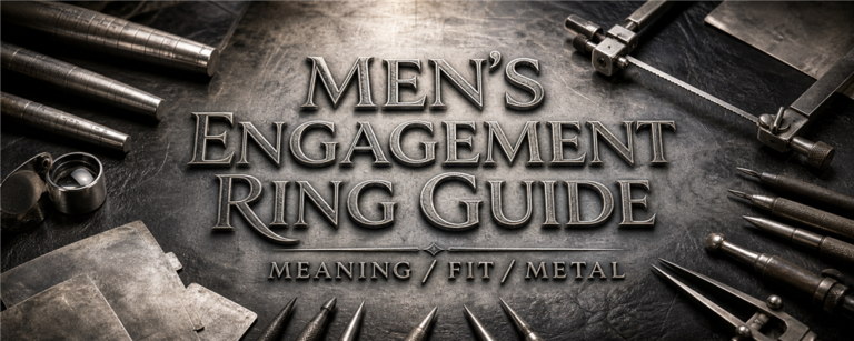 Men’s engagement ring guide with mandrels, saw frame, gravers and raw silver sheet on a dark jewelry bench