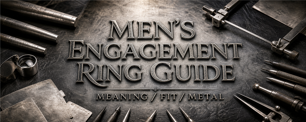 Men’s engagement ring guide with mandrels, saw frame, gravers and raw silver sheet on a dark jewelry bench