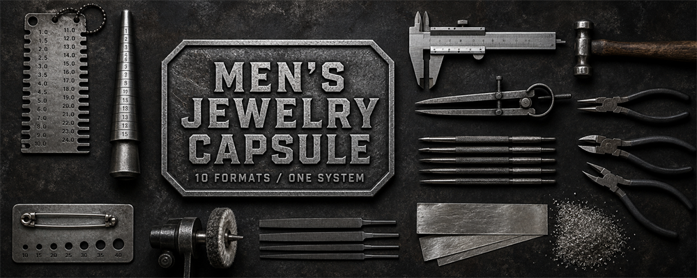 Men's jewelry capsule guide with ring mandrel, caliper, dividers, pliers, files, polishing wheel and raw silver on a dark workshop bench