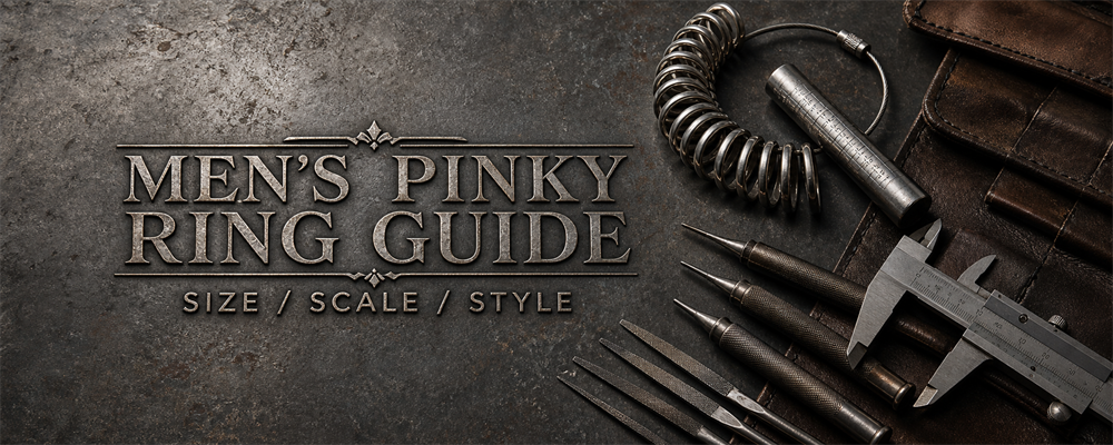 Men’s pinky ring guide with sizing gauges, mandrel, gravers, files and caliper on a dark jewelry workshop bench