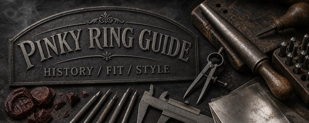 Pinky ring history and fit guide with engraving tools and measuring instruments on a dark silversmith bench