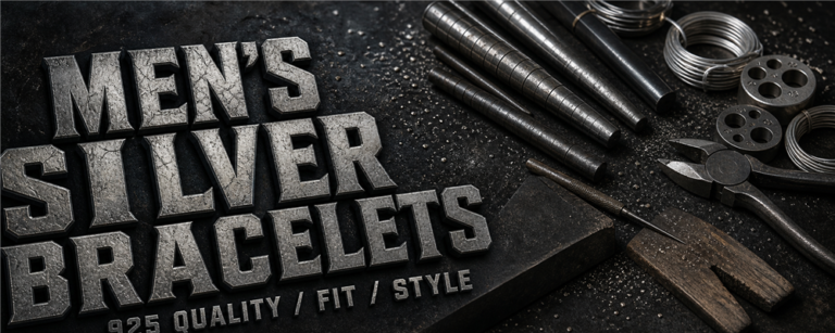 Men’s silver bracelets guide with link mandrels, pliers, raw silver coils and clasp tools on a dark workshop bench