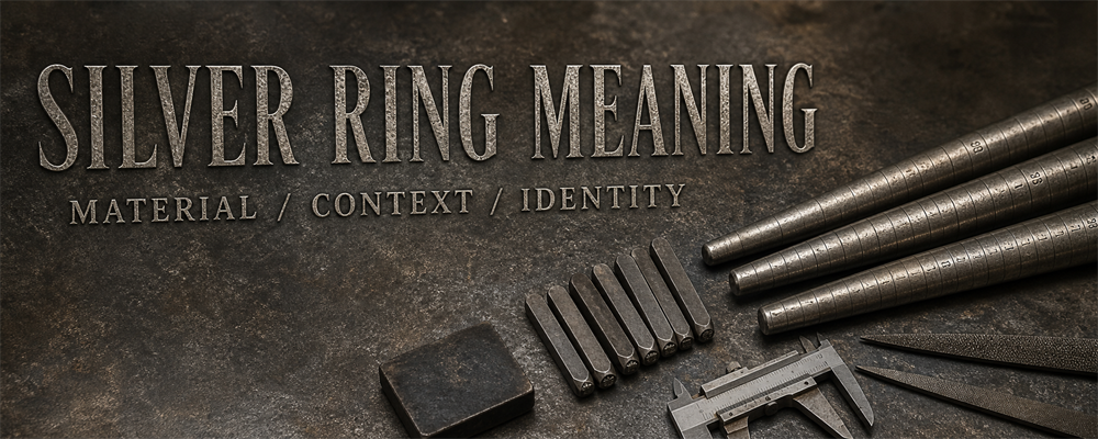 Men’s silver ring meaning guide with mandrels, hallmark punches, caliper and files on a dark metalsmith bench