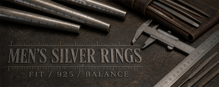 Men’s silver ring fit guide with steel mandrels, caliper, files and ruler on a dark jewelry workshop bench