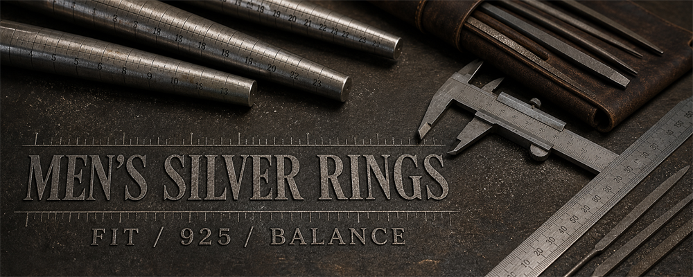 Men’s silver ring fit guide with steel mandrels, caliper, files and ruler on a dark jewelry workshop bench
