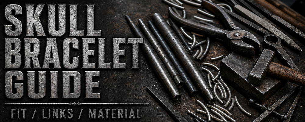 Men’s skull bracelet guide with link mandrels, chain pliers, hammer and raw silver wire on a dark chain-making bench