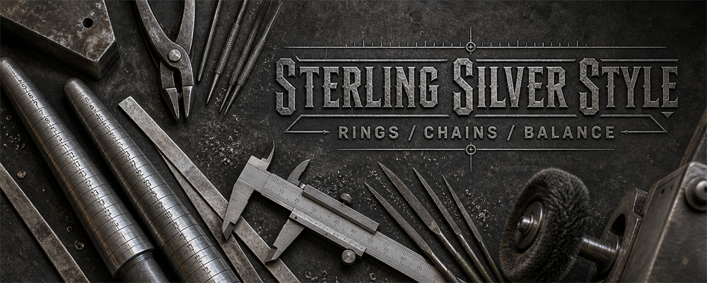 Men's sterling silver style guide with ring mandrels, caliper, files, pliers and polishing tools on a blackened steel bench