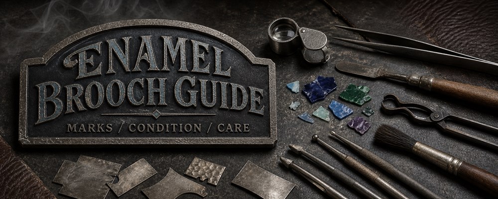 Enamel brooch assessment guide with loupe, tweezers, enamel fragments and silversmith tools