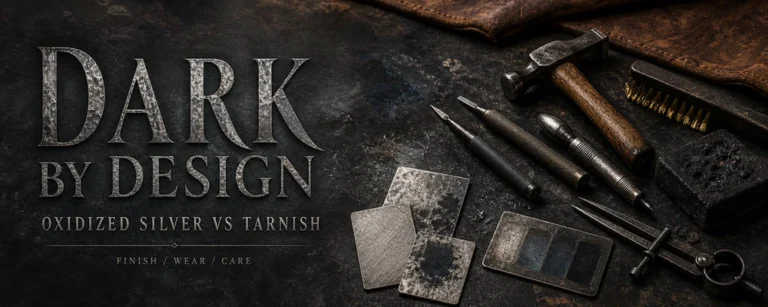 Oxidized silver vs tarnish guide with patina plates and traditional metalsmith tools