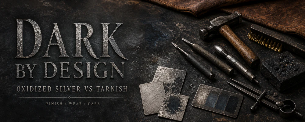 Oxidized silver vs tarnish guide with patina plates and traditional metalsmith tools