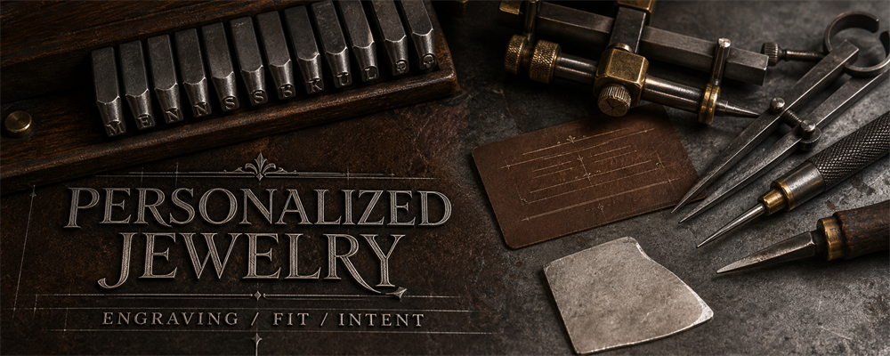 Personalized jewelry gift guide with letter punches, gravers, dividers and engraving tools on a dark workshop bench