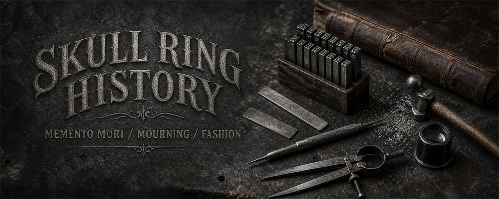 Skull ring history guide with archival letter punches, engraving tools, dividers, loupe and raw silver on a dark metalsmith bench