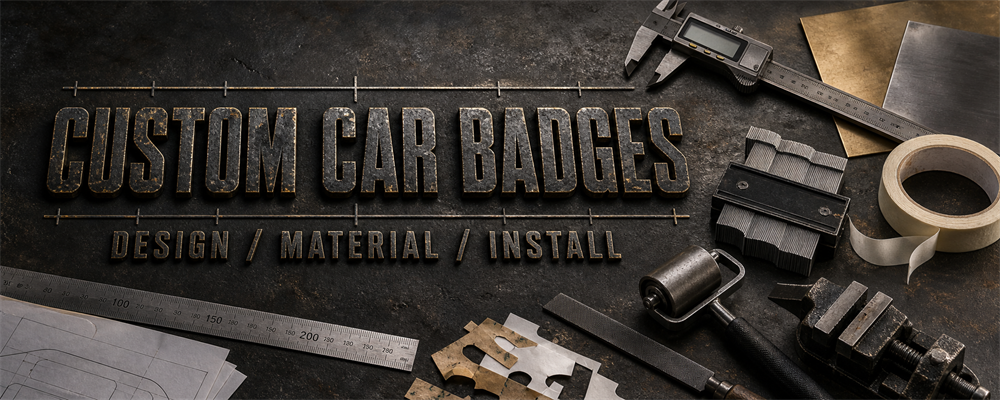 Custom car badge guide with caliper, contour gauge, alignment tape, burnishing roller, files and raw metal sheets on a fabrication bench