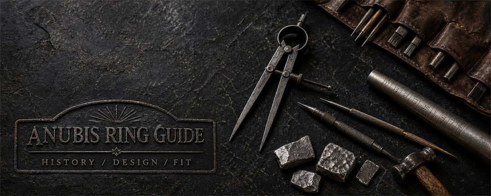Anubis ring guide with museum-style engraving tools, dividers, gravers, mandrel and raw silver on a dark conservation bench