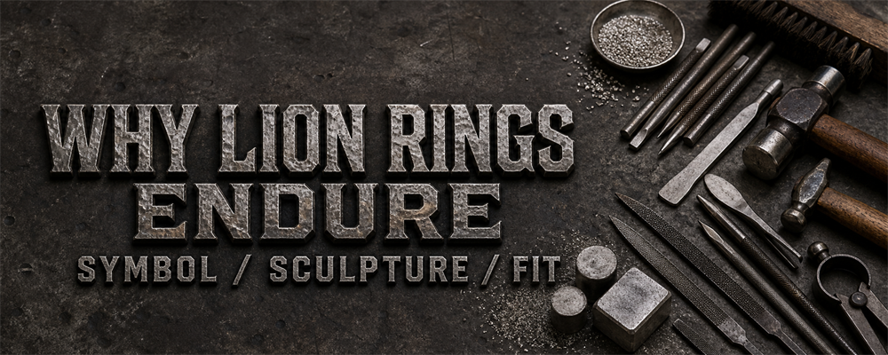 Lion ring popularity guide with chasing hammers, punches, carving tools, files and raw silver on a jewelry sculptor bench
