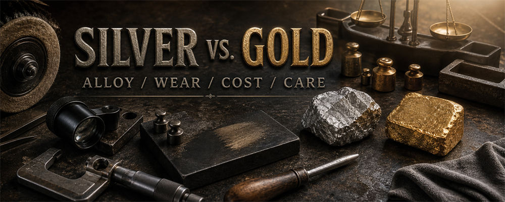 Silver versus gold ring guide with assay balance, loupe, touchstone, caliper, polishing tools and raw metal samples on a dark workshop bench