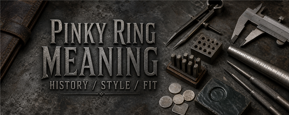 Men pinky ring meaning guide with dividers, caliper, letter punches, sizing mandrel, gravers and raw silver on a dark measurement bench