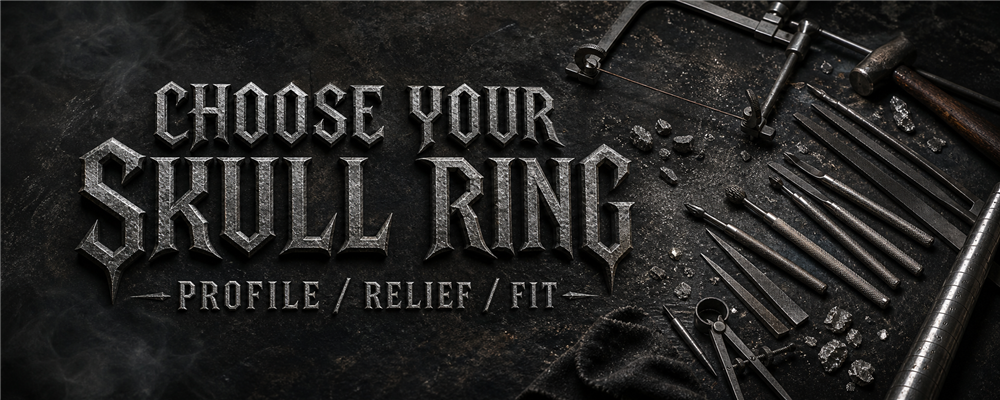 Skull ring style guide with jeweler saw, chasing tools, riffler files, dividers, mandrel and raw silver on a smoky carving bench