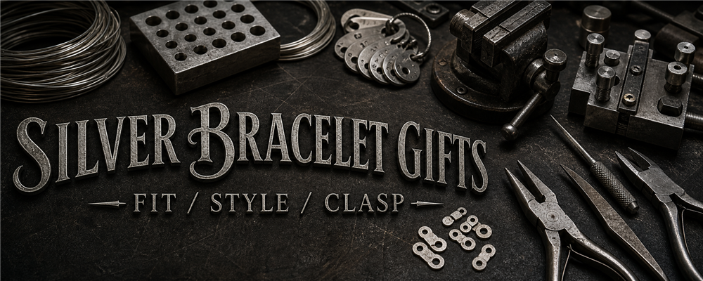 Silver bracelet gift guide with chain pliers, drawplate, wire gauges, clasp jig, raw silver wire and unfinished link stock on a dark workshop bench