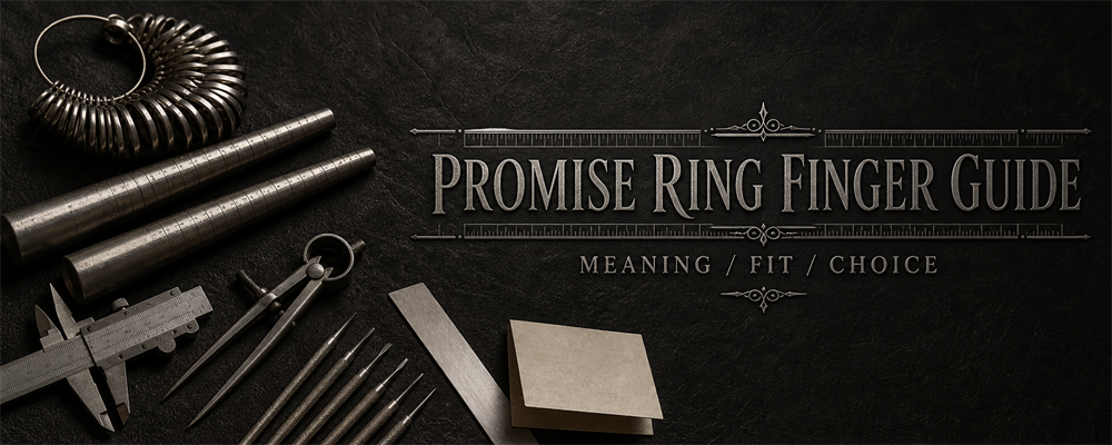 Promise ring finger guide with sizing gauges, ring mandrels, caliper, dividers and engraving tools on a dark measurement bench