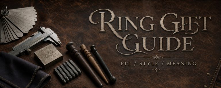 Ring gift guide with sizing gauges, caliper, engraving block and letter punches on a worn leather jeweler bench
