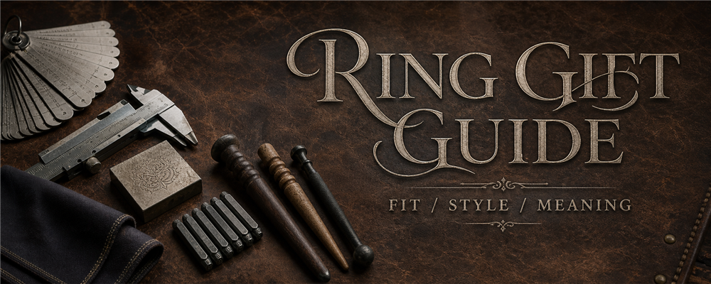 Ring gift guide with sizing gauges, caliper, engraving block and letter punches on a worn leather jeweler bench
