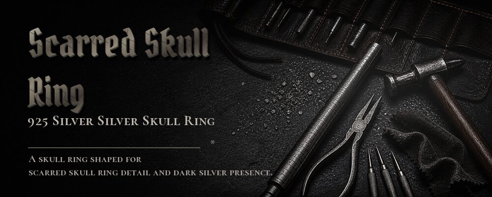 scarred skull ring 925 Silver as listed jewelry workshop tools banner