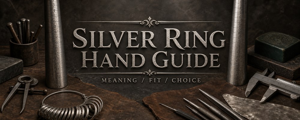 Silver ring hand guide with twin ring mandrels, sizing gauges, dividers and engraving tools on a workshop bench