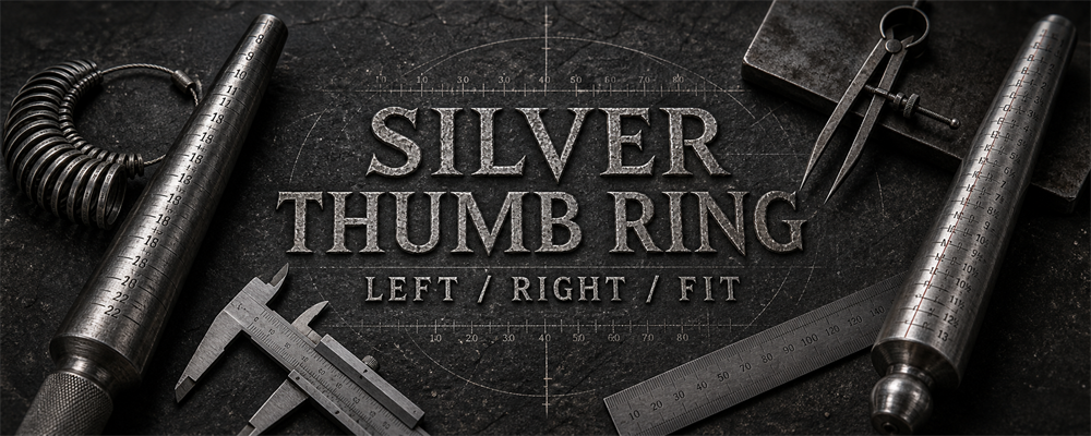 Silver thumb ring guide with two sizing mandrels, caliper, dividers and ruler on a dark technical jewelry bench