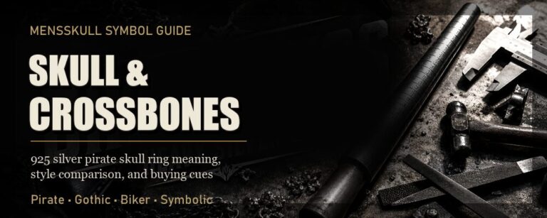 Skull and crossbones ring guide with dark silver workshop tools and pirate skull ring styling