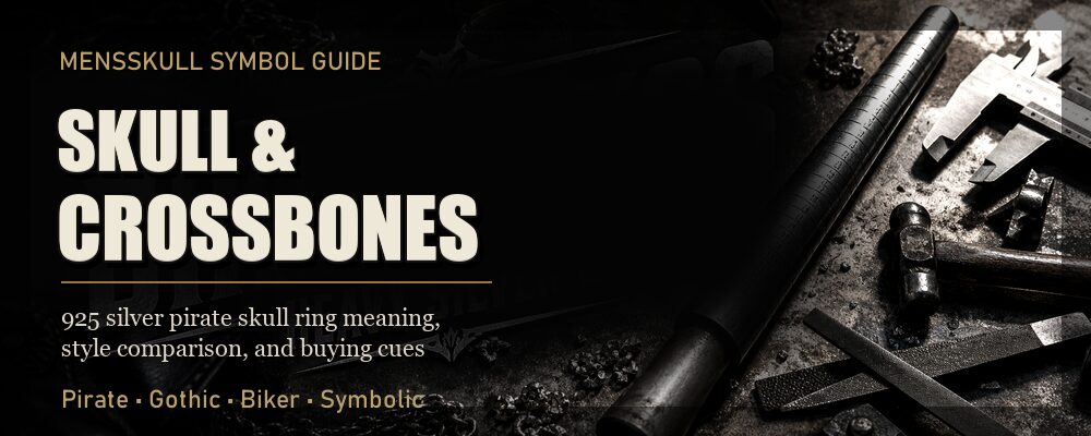 Skull and crossbones ring guide with dark silver workshop tools and pirate skull ring styling