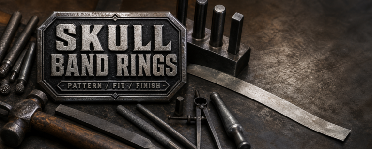 Skull band ring guide with forming stakes, texture punches, files and raw silver strip on a metalsmith bench
