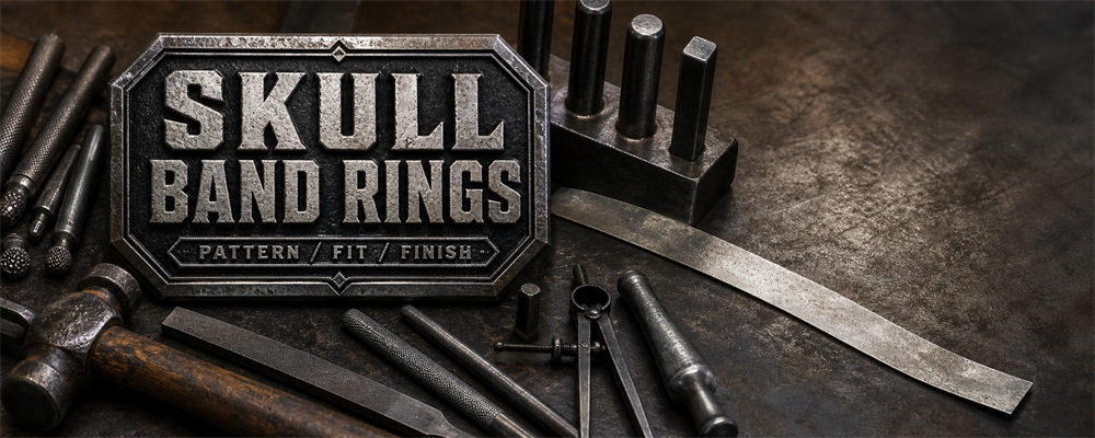 Skull band ring guide with forming stakes, texture punches, files and raw silver strip on a metalsmith bench