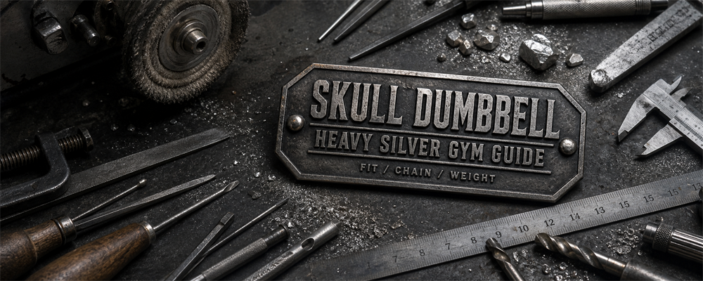 MENSSKULL skull dumbbell pendant guide banner with dark silver metalsmith tools and engraved steel typography