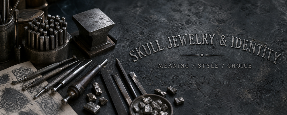 Skull jewelry and identity guide with letter punches, anvil block, gravers, files and raw silver on a dark engraving bench