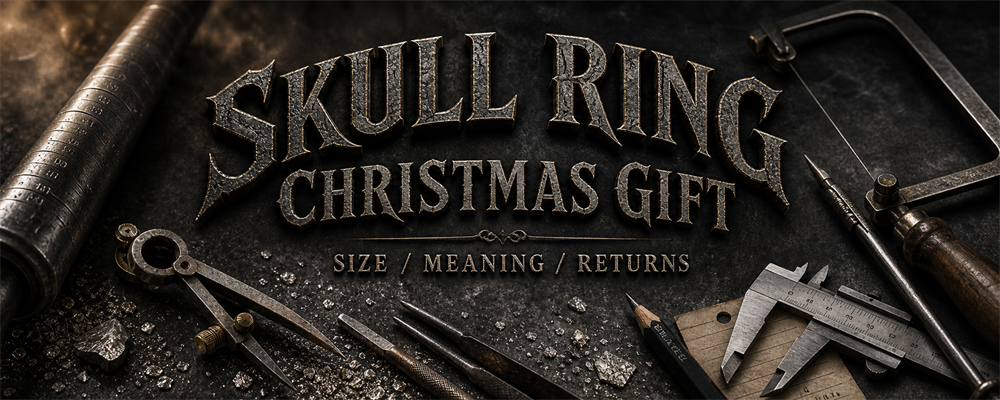 Skull ring Christmas gift guide with sizing mandrel, dividers, jeweler saw, caliper and engraving tools on a dark silver workshop bench