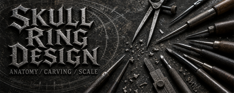 Skull ring design guide with dividers, gravers, depth gauge and silver filings on a dark engraving bench