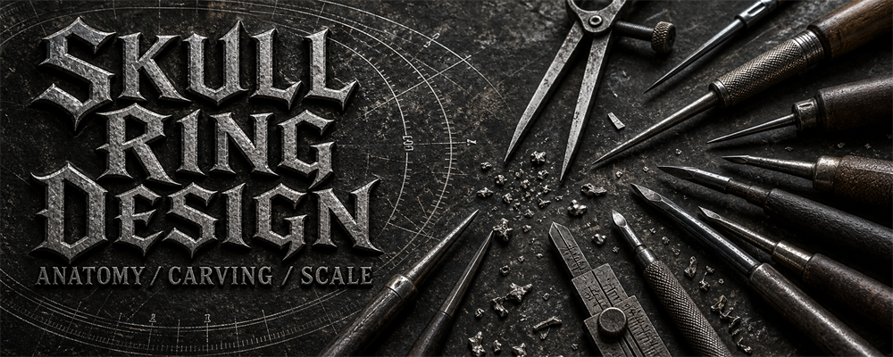 Skull ring design guide with dividers, gravers, depth gauge and silver filings on a dark engraving bench