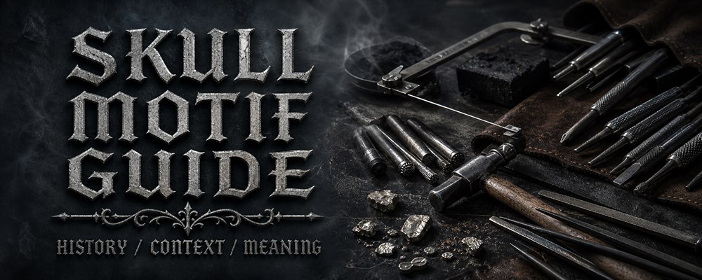 Skull motif meaning guide with gravers, saw frame and metalworking tools on a dark silversmith bench
