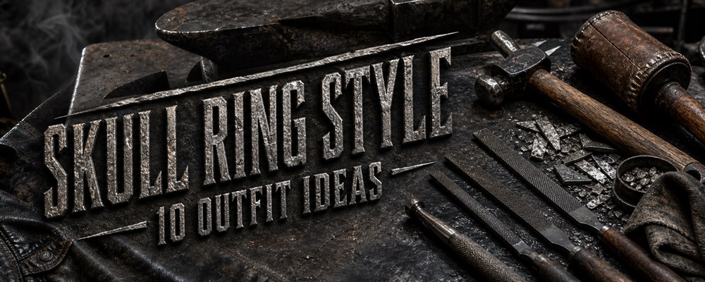 Skull ring styling guide with hammer, files and silversmith tools on a dark metal workshop bench