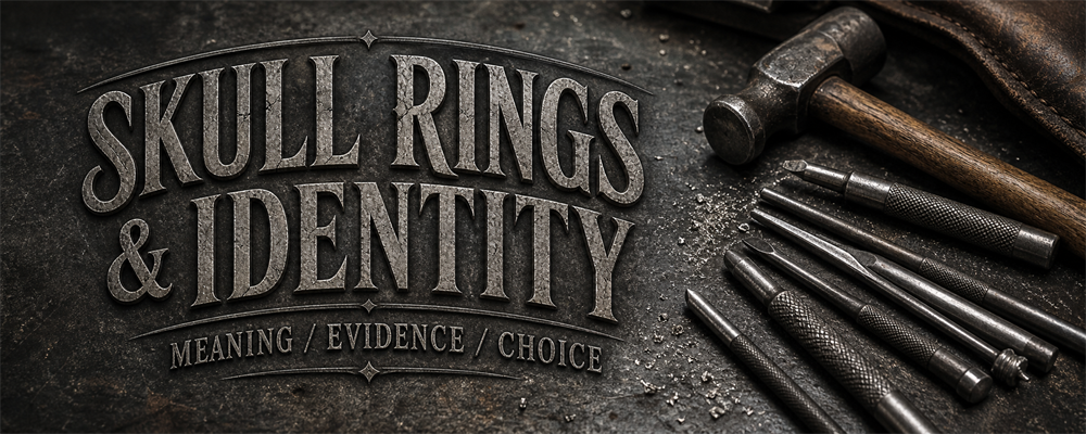 Skull rings and identity guide with chasing punches, gravers and a jeweler hammer on a dark metalsmith bench