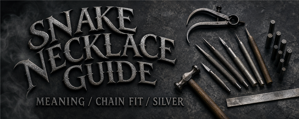 Snake necklace guide with gravers, dividers, chasing punches and hammer on a dark silver workshop bench